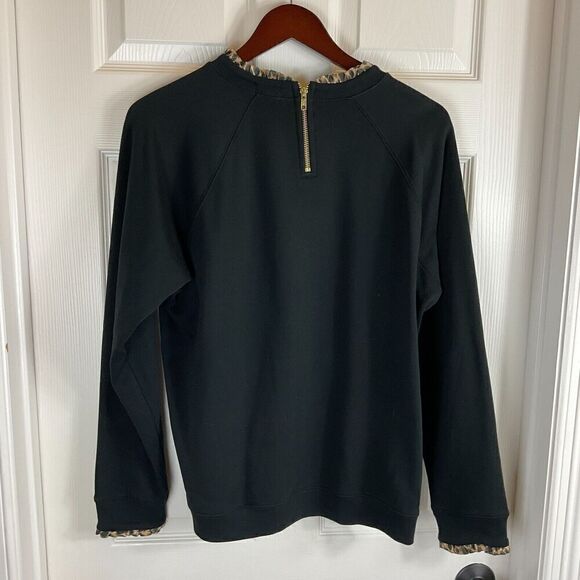J Crew Women Black Sz XL Sweatshirt Animal Print Trim Pullover Zipper Comfort N3 - Picture 7 of 11